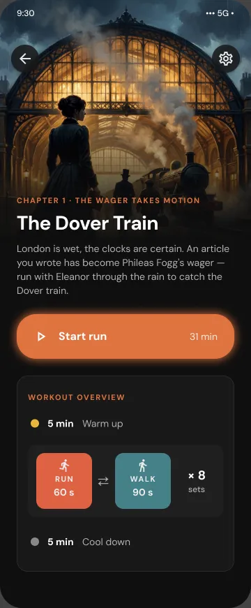Runes episode preview for The Dover Train with its story introduction, Start run action, and guided run/walk workout overview