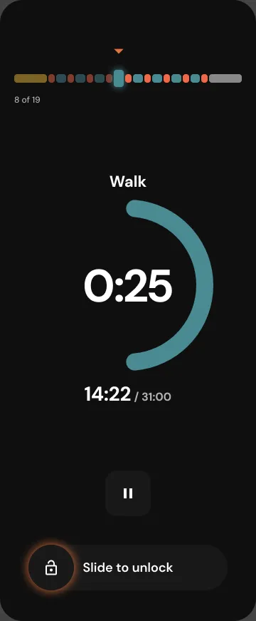 Runes live workout showing segment 8 of 19, a teal walk countdown, elapsed time, and pause control over a subtle station background