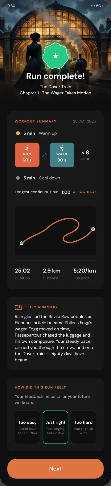 Runes example workout summary with a completion badge, interval plan, route, duration, distance, pace, story recap, and effort feedback